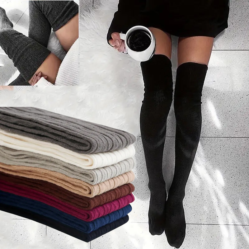 1 Pair Women Thigh High Socks Extra Long Cotton Knit All-Season Solid Color for Travel,Outdoor Sports & Casual Wear