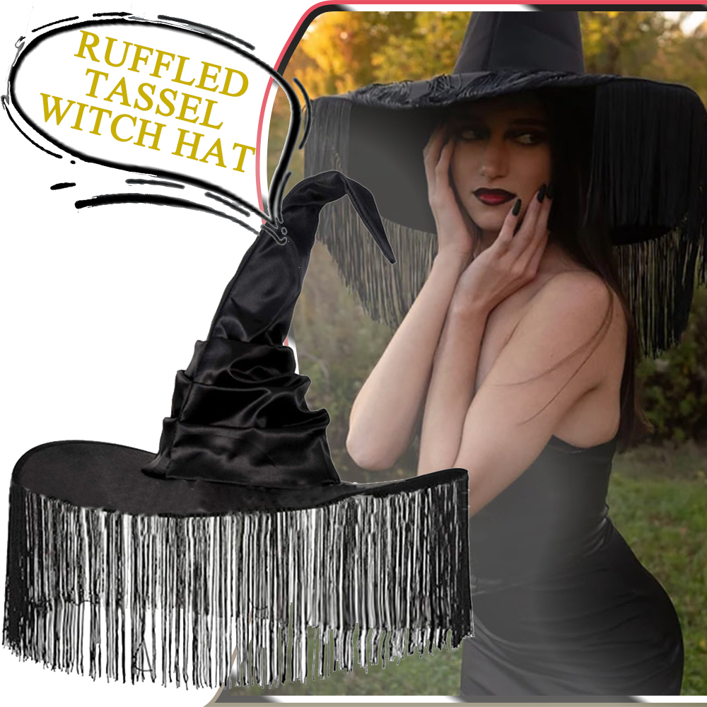 Women Costume Wide Brim Pointed Witch Hat with Dangle Fringe Large Brims Crooked Wizard Hat for Party Cosplay Carnival Halloween