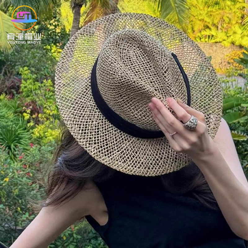 Hollow Panama Straw Hat French Webbing Vacation Jazz Hat Woven Bowler Hat Beach Photo Vibe Sun Hat