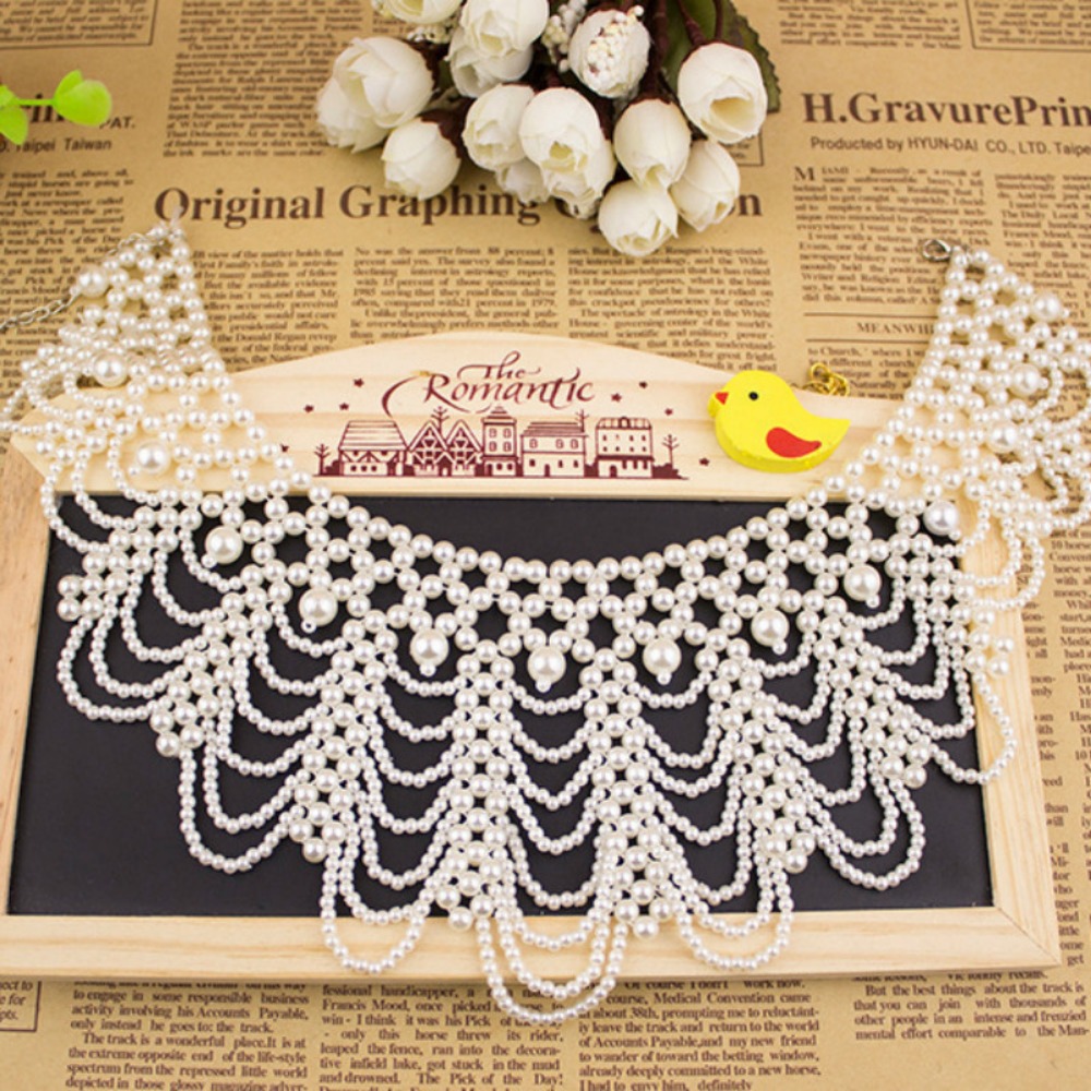 Women Ribbons Wedding Bride Dress Detachable Collar Pearl Fake Collar Pearl Beaded Lace Trim Collar