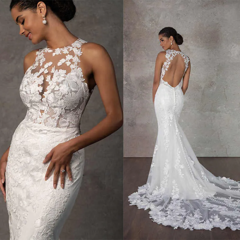 Women Lace Mermaid Wedding Dress Boho Jewel Neck Appliques Bridal Gowns Sexy Backless Bride Dress Customized