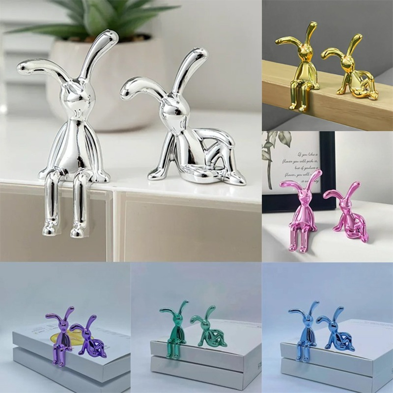 1/2PCS Gold Silver Long Eared Rabbit Figurine Miniature Car Decor Pastable Plating Rabbit 3D DIY Statue Home Furnishing Ornament