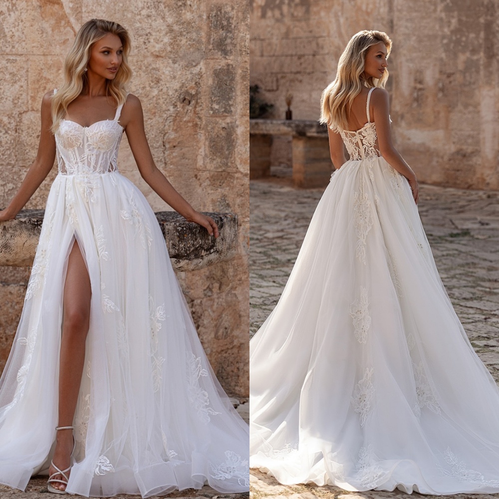 Customized White Tulle Wedding Dress Elegant Strapless Spaghetti Straps Beading Bridal Gowns Chapel Train Zipper Back Dress