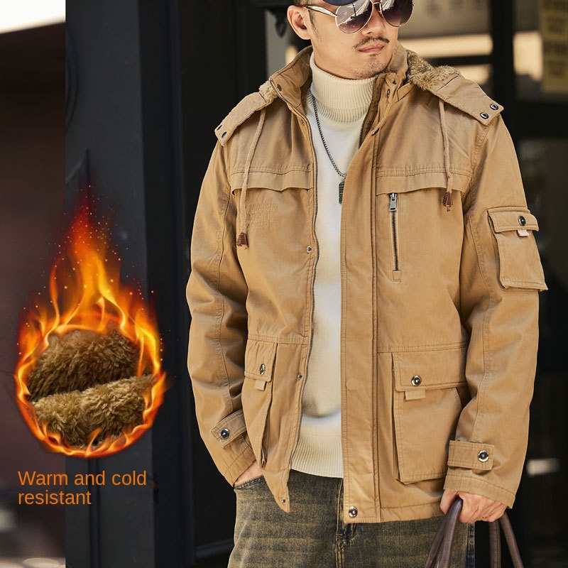 Hoodie Workwear Jacket Men's Winter Fleece-lined Thickened Outdoor Mountaineering Cold-Resistant Warm Hunting High-End Overcoat