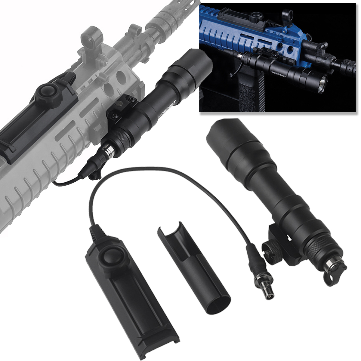 Tactical Strong Light Flashlight with Rat Tail Wire Switch Adapted  Picatinny Rail 800 Lumen Weapon Light for Hunting Shooting