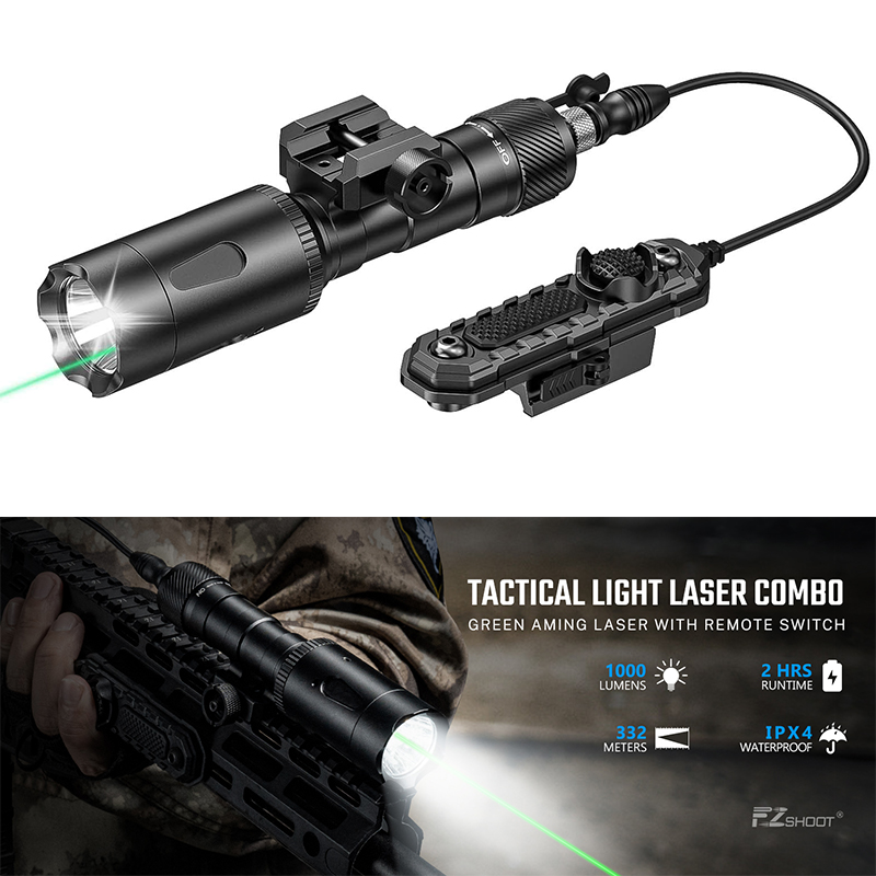 EZshoot 1000 Lumens Rifle Tactical Flashlight Green Laser Light Combo for  20mm Picatinny Rail with Remote Switch Strobe Mode