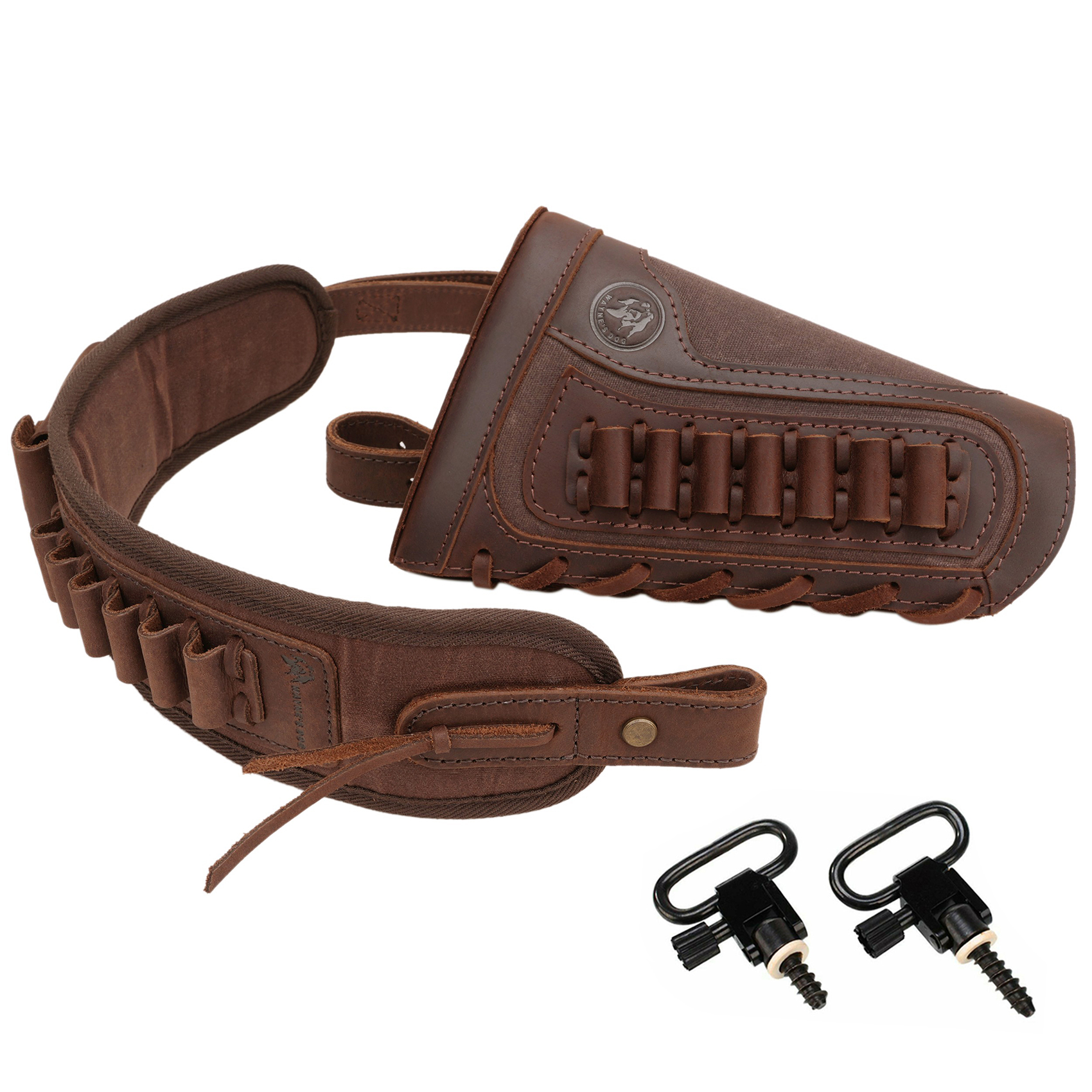 Tactical Leather Buttstock Ammo Holder with Gun Matcted Sling & Swivels for Rifle Shotgun .308 30-30 .357 .45-70 .22LR 12GA
