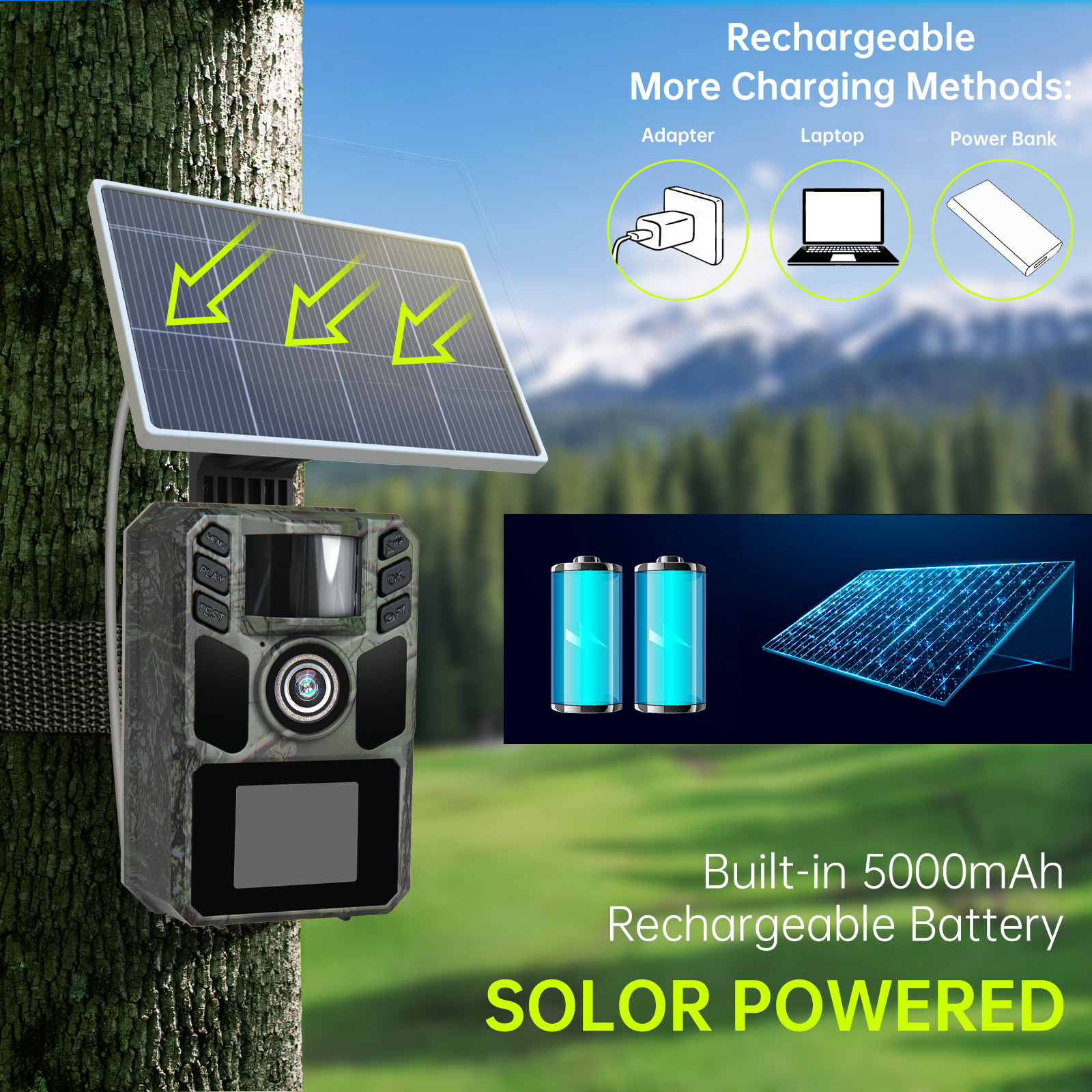 WiFi Trail Camera Solar Trail Cam - Rechargeable Trail Camera Built-in 5000mAh Battery 4K 64MP Hunting Camera with Night Vision