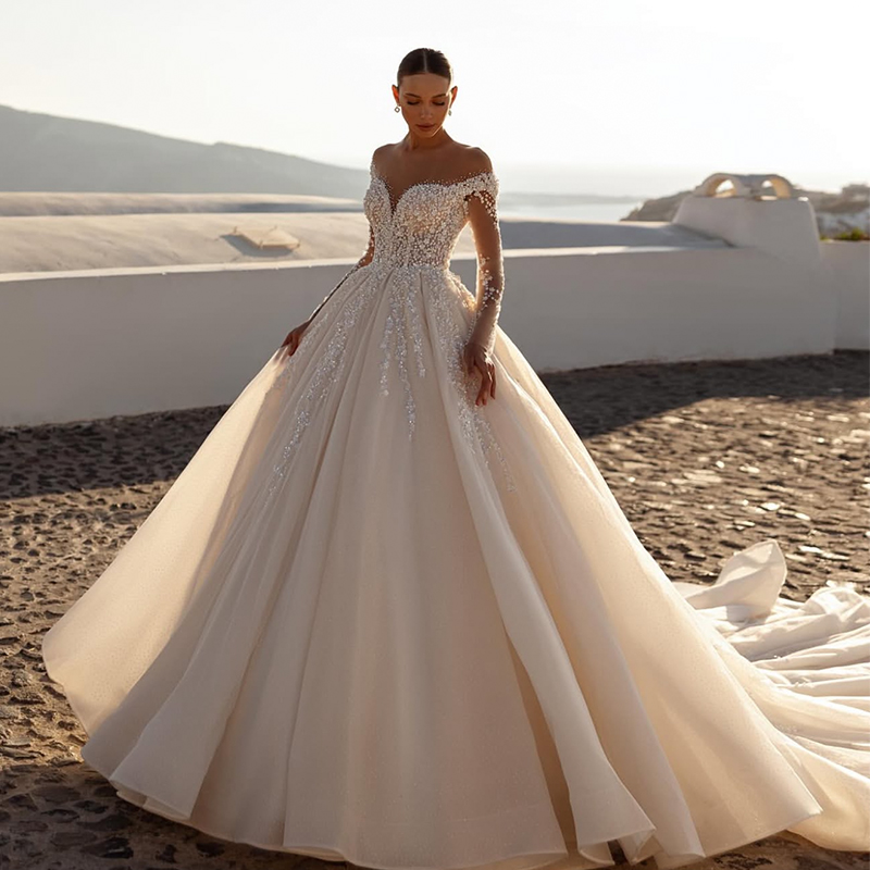 Romantic A-Line Wedding Dress Organza With Embroidery Ballgown O-Neck Full Sleeve Bridaldress Customized Button Vestido De Novia