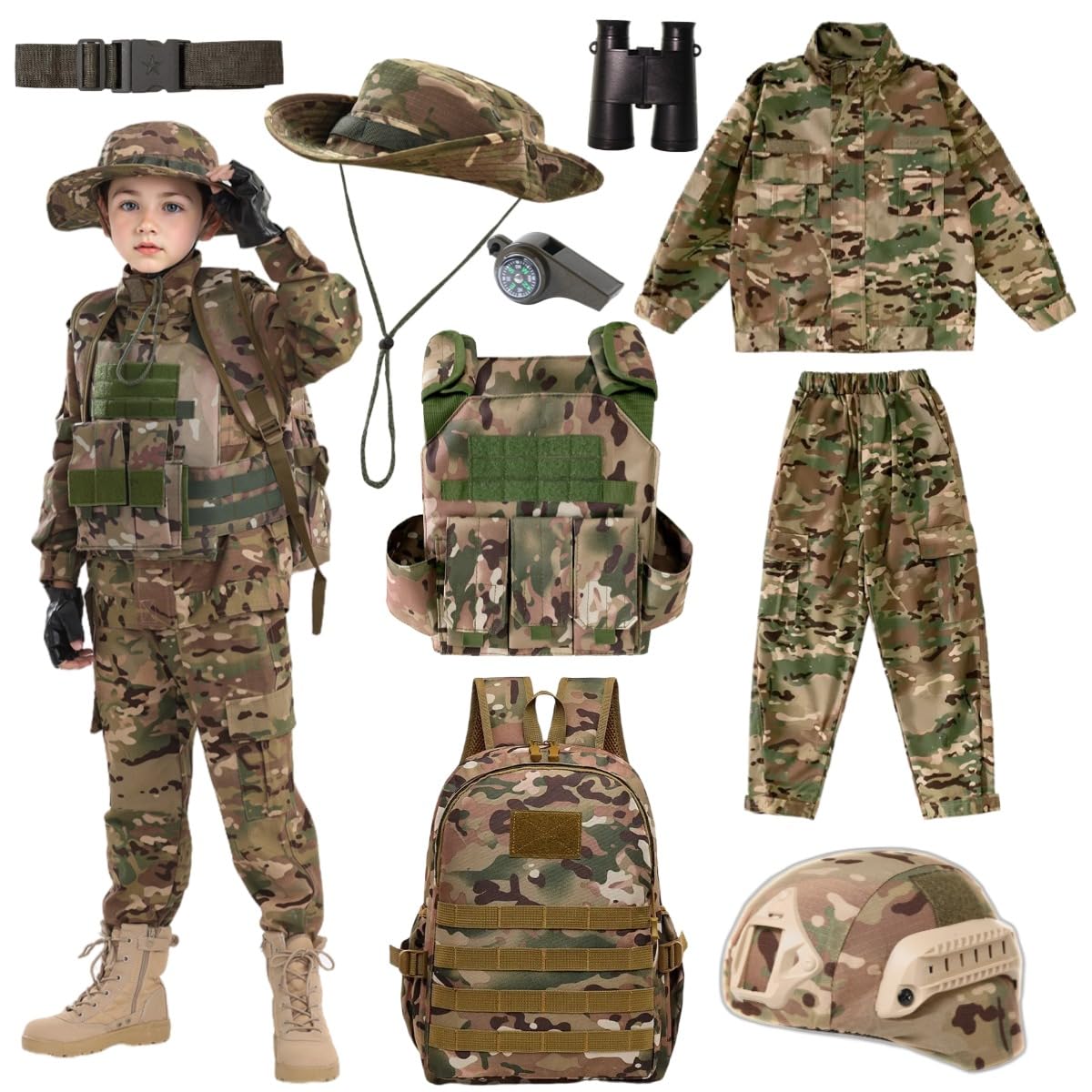Children's Military Training Uniform Set with Camouflage Top Pants Hunting Vest Tactical Gear Etc Special Forces Combat Costume