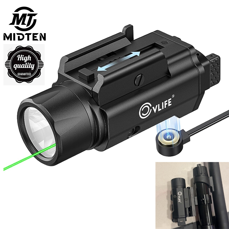 MidTen 1500 Lumens Pistol Light Green Laser Combo Strobe Memory Function Picatinny Tactical Flashlight USB Rechargeable