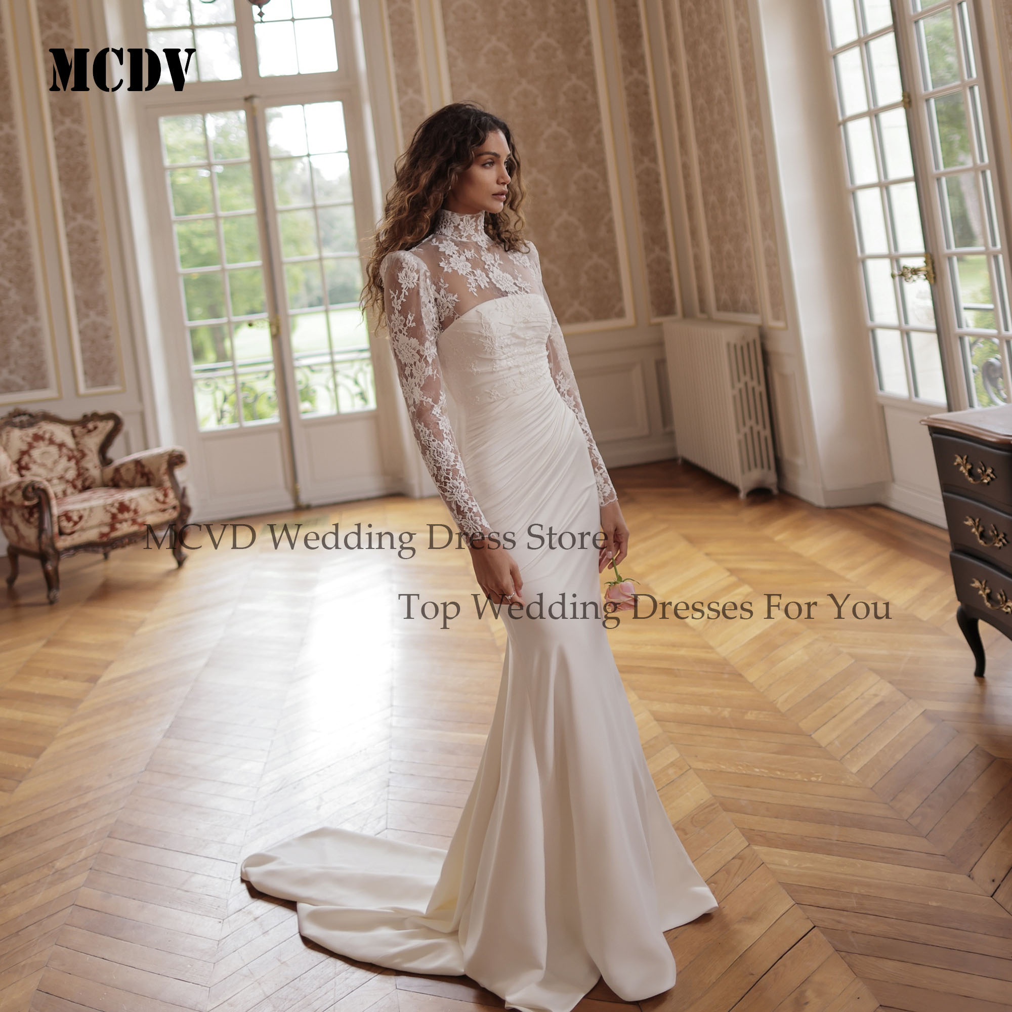 MCDV Sexy Mermaid Lace Appliques Wedding Dress Long Sleeve High Neck Wedding Gowns Women Backless Bride Gown Customized 2025