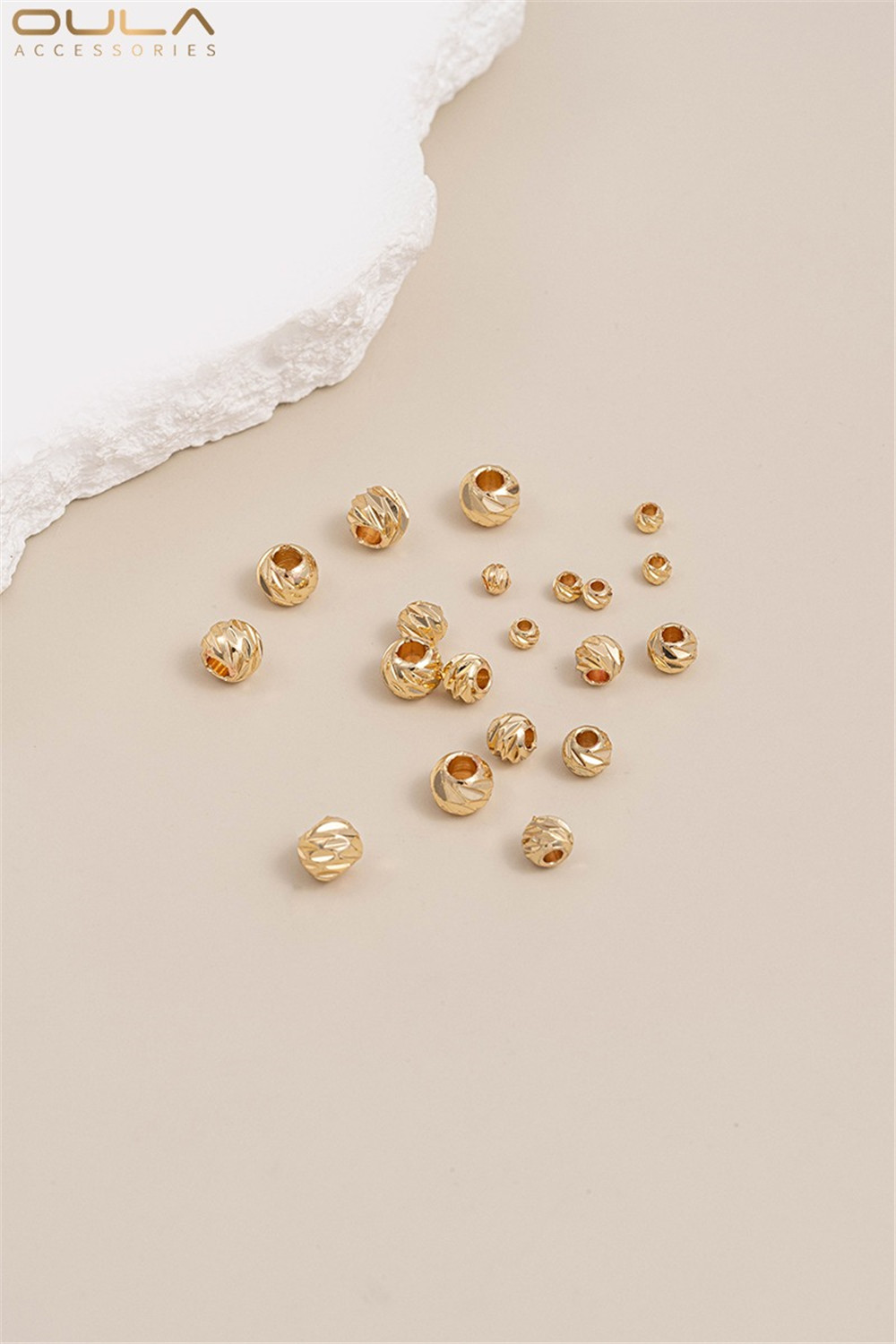 14K Gold-Color Plated Cut Flower Bead, Round Bead DIY Handmade Bracelet, Necklace Jewelry, Separated Beads, Loose Beads