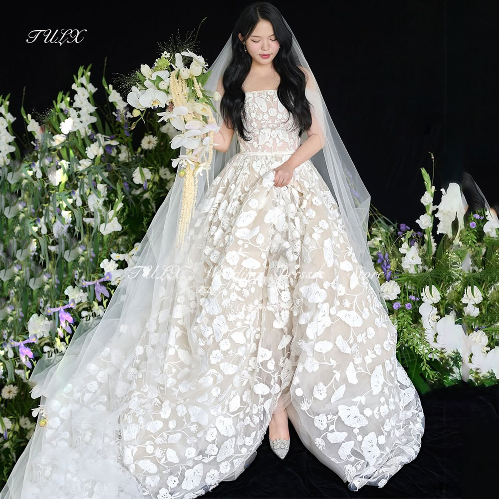 TULX Luxury Lace Wedding Dress Korea Photo Shoot Strapless Sleeveless Floor Length Princess Bridal Gowns Corset Customized 2025