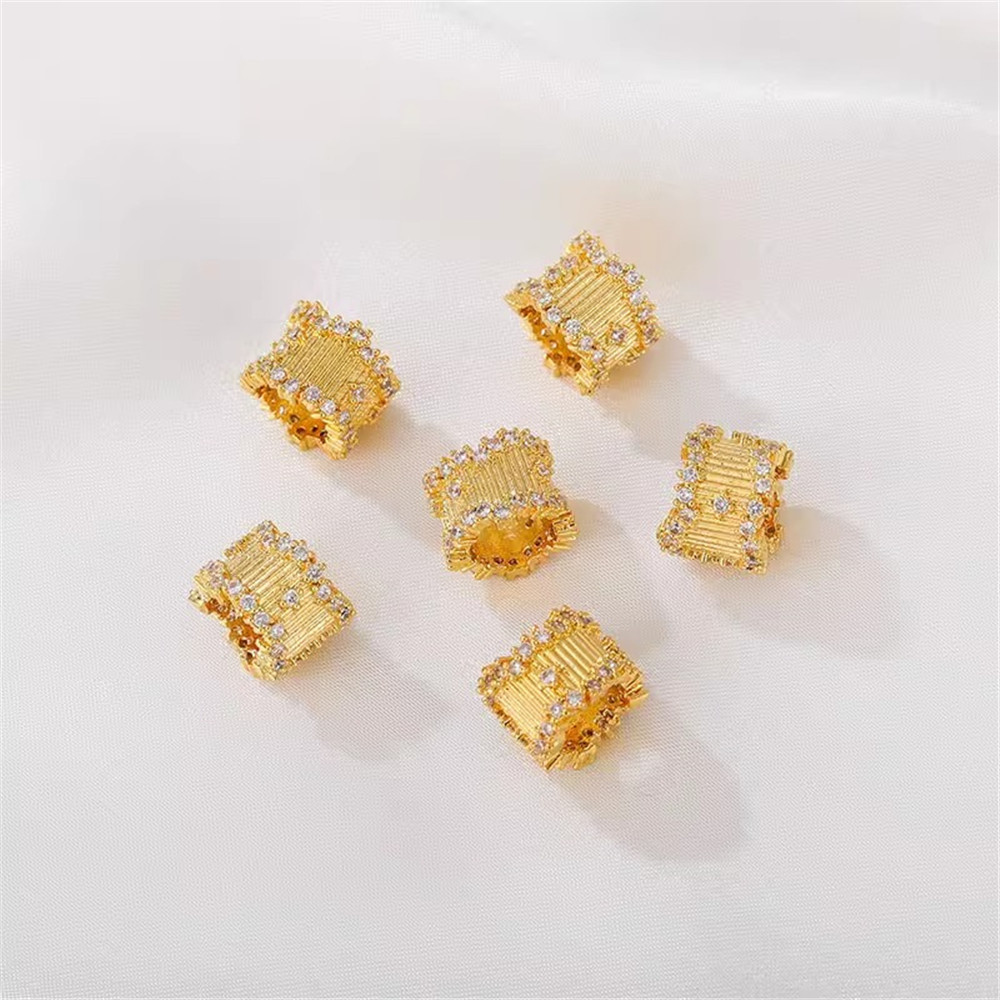 18K Gold-Color Brushed Thickened Zircon Lace Rings Beads Barrel Beads Handmade DIY Bracelets Necklaces Jewelry Materials L220