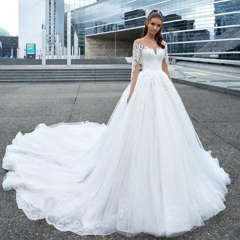 Ball Gown Wedding Dresses For Women Shiny Beading Appliques Princess Cathedral Wedding Gown Vestidos De Novia
