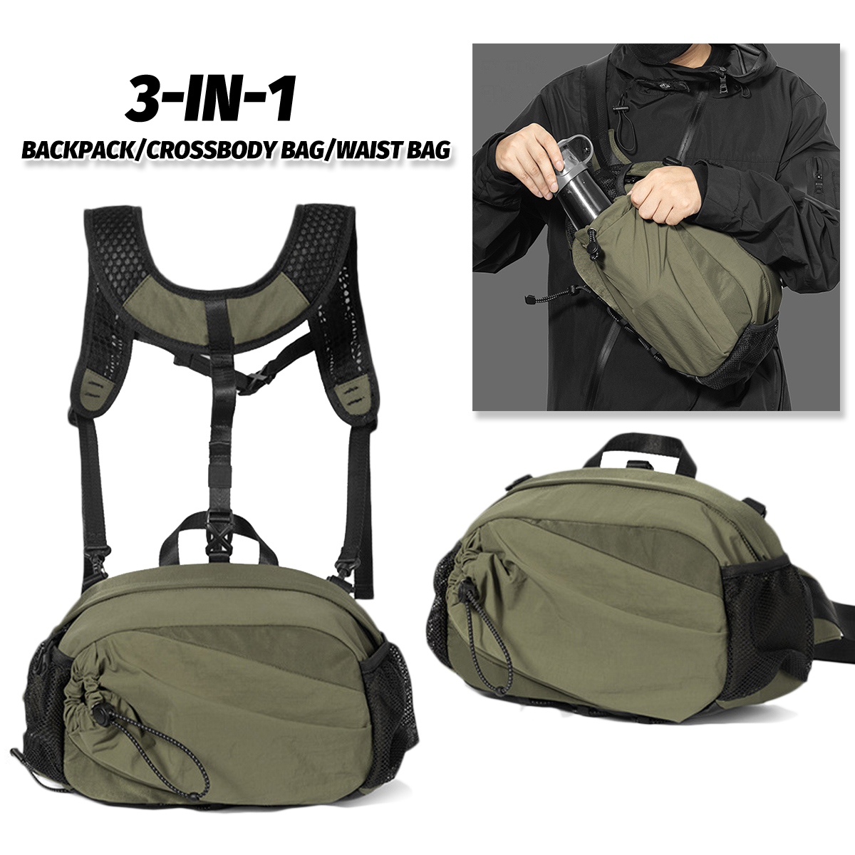 3-In-1 Cycling Mountaineering Backpack Large Capacity Sports Travel Crossbody Bags Adjustable Outdoor Fishing Hiking Waist Bag