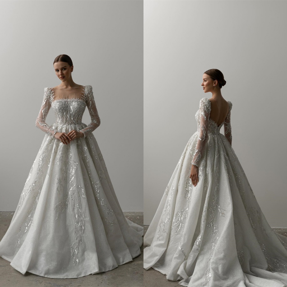 Customized Romantic White Organza Sequined Wedding Dress Exquisite Square Collar Long Sleeves Beading Chapel Train Bridal Gowns