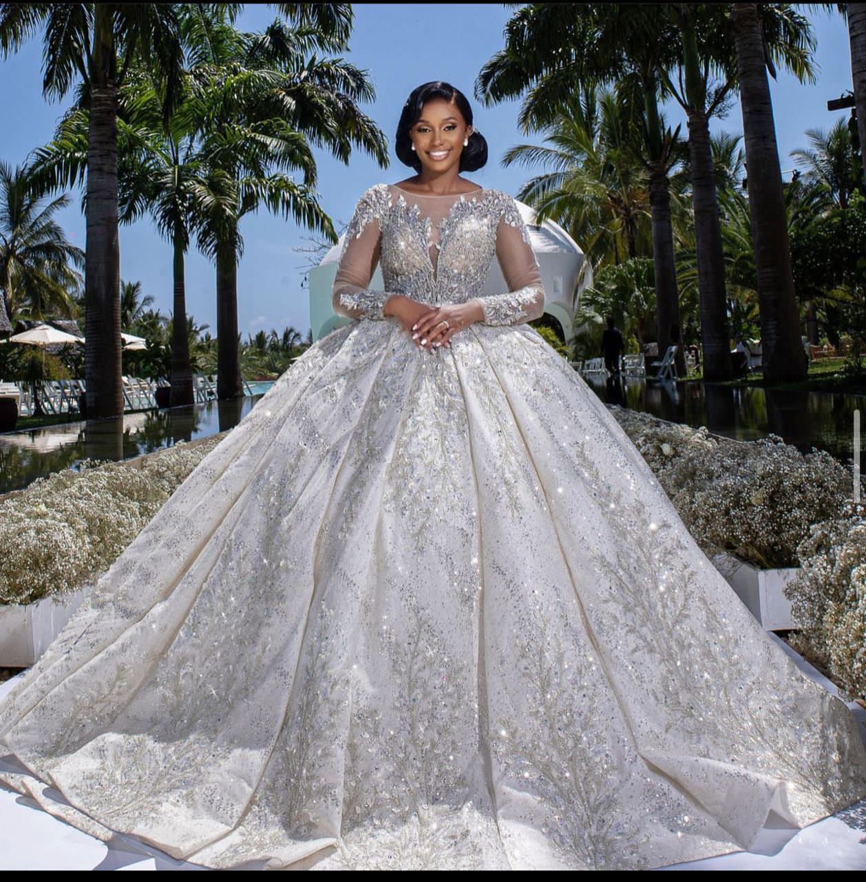 Luxury Sparkly Ball Gown Wedding Dress Deep V-Neck with Sheer Tulle Long Sleeves Beaded Appliques