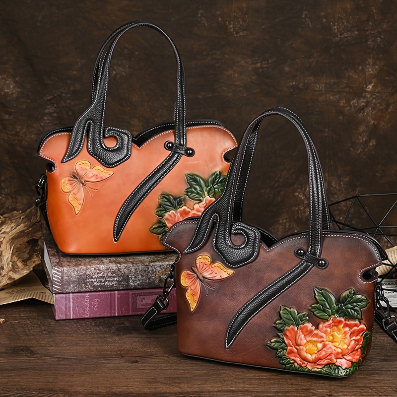 Women Tribal Style Genuine Genuine Leather Handbag with Floral Applique Vintage Shoulder Crossbody Bag for Shopping & travel