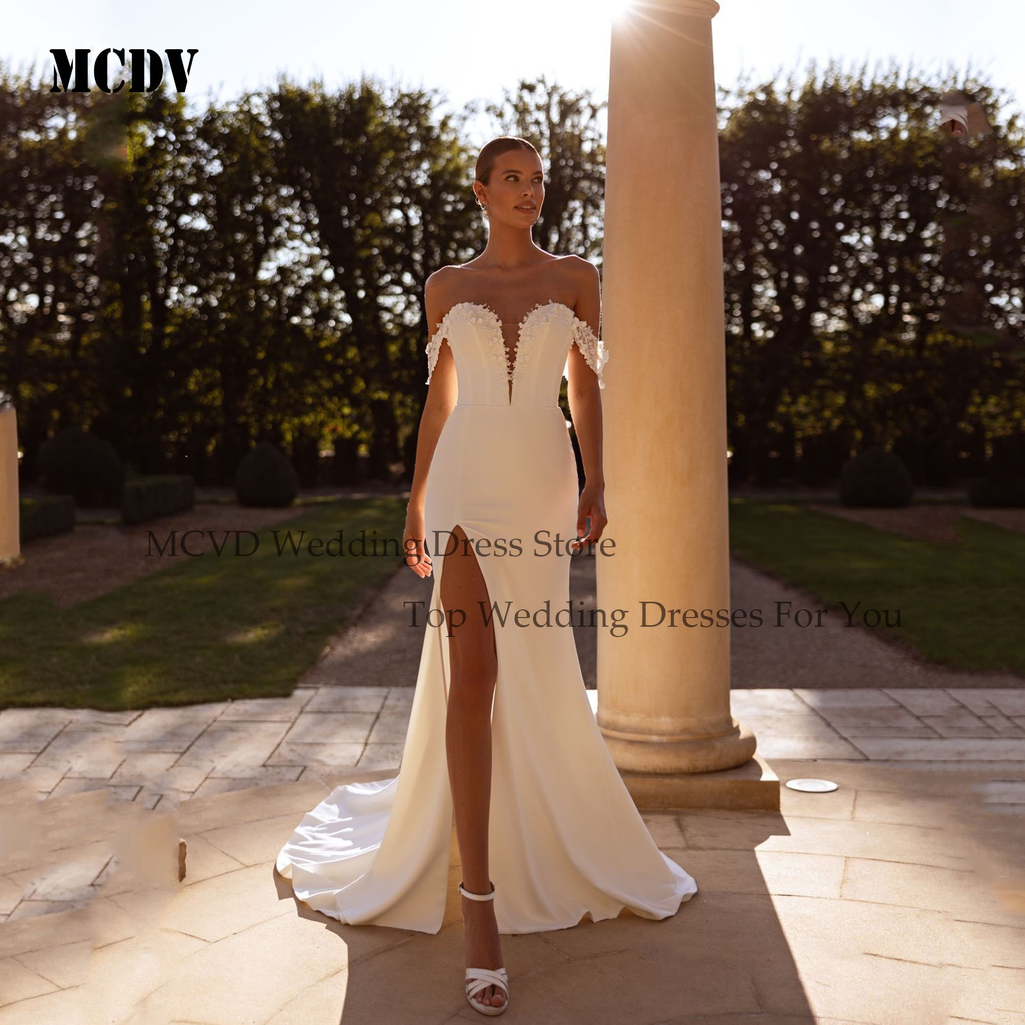 MCDV Vintage Mermaid Wedding Dress Applique Lace Side Split Bride Gowns Off Shoulder Strapless vestidos de novia Customized