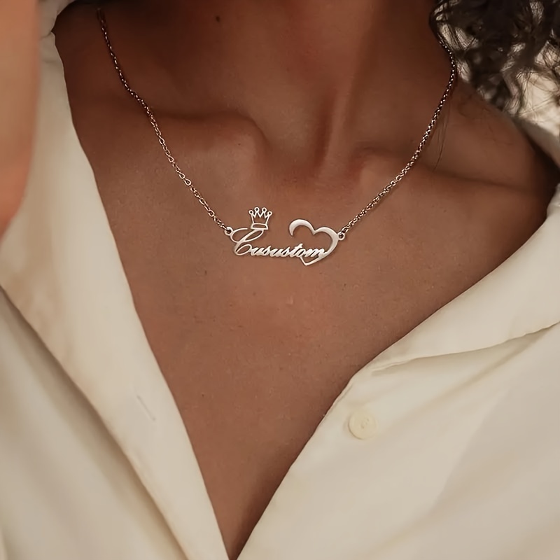 Custom Crown Name Heart Necklace For Women Stainless Steel Personalized Nameplate Chain Pendant Necklace 2025 New Jewelry Gift