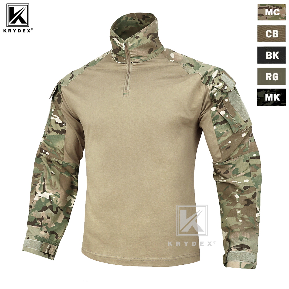 KRYDEX Combat Shirt with Elbow Pads For Hunting Outdoor Tops Tactical Clothes MC Tiger Stripes Shirts