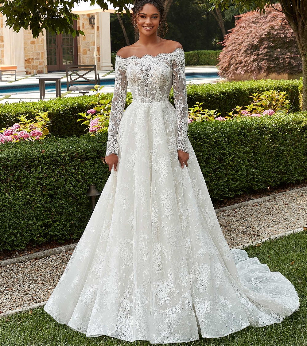 Lorencia Romantic Lace Wedding Dress Long Sleeve A Line Off Shoulder Bride Gowns For Women Bridal Gown Vestido De Novia YAW81