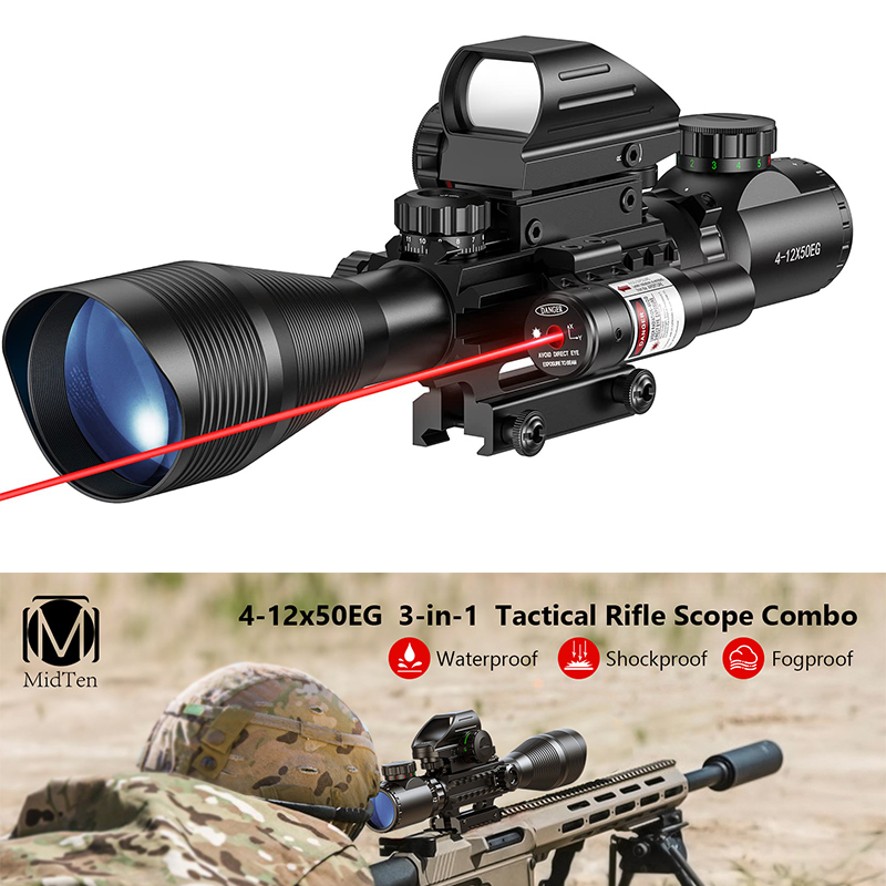 MidTen Rifle Scope Combo 4-12x50EG Optics & Laser Sight & 4 Holographic Reticle Red Dot Sight With Scope Mount For Picatinny