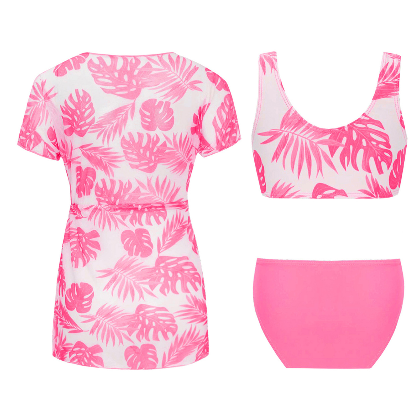 Kids Girl 3 Pieces Swimsuit Tropical Print Swimming Tank Top Briefs and Mesh Belted Cover Up Kimono Set Swimwear Beach Bathing