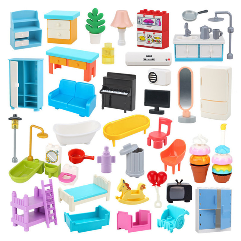 Big Building Blocks Doll House Parts Kitchen Bedroom Bathroom Living Room Sofa Bunk Bed Piano Lamp Compatible Large Bricks Toys