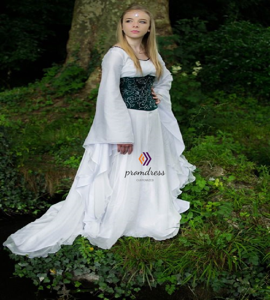 Victorian Gothic Elvish Wedding Dress Renaissance Tudor Celtic Viking Bridal Aesthetic With Long Sleeve White Green Elf Bride