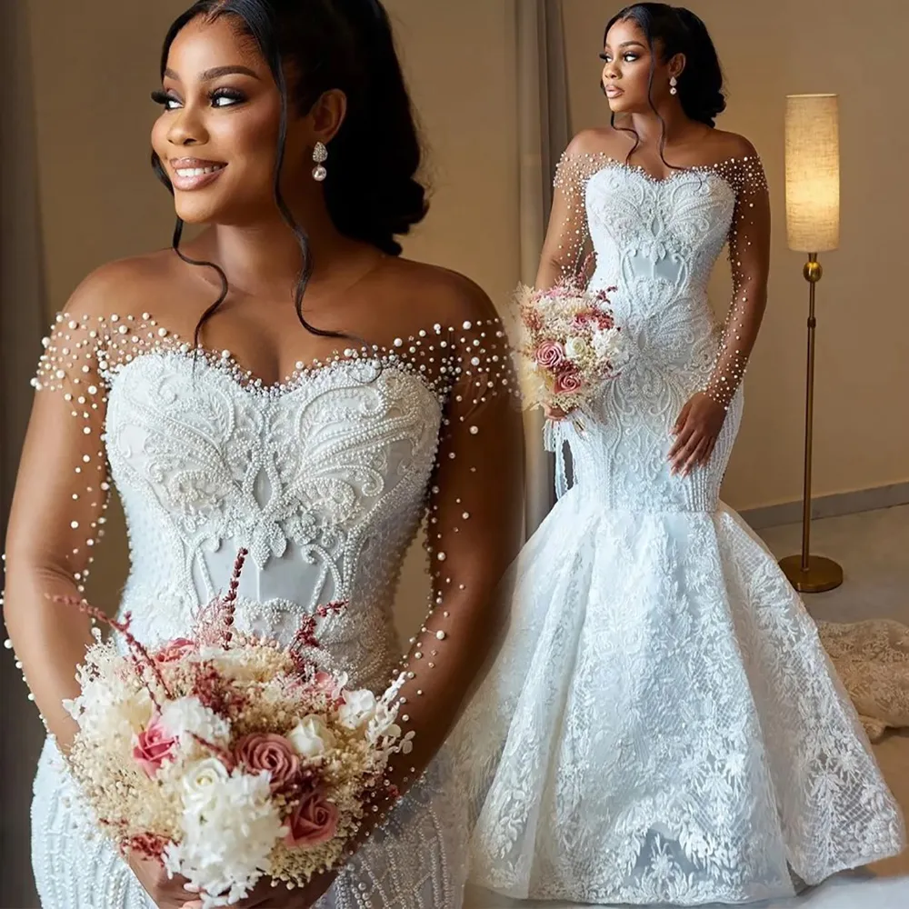 Mermaid Wedding Dress Bridal Gowns For Bride Sheer Neck Illusion Long Sleeves Appliqued Beaded Pearls Lace Wedding Gowns