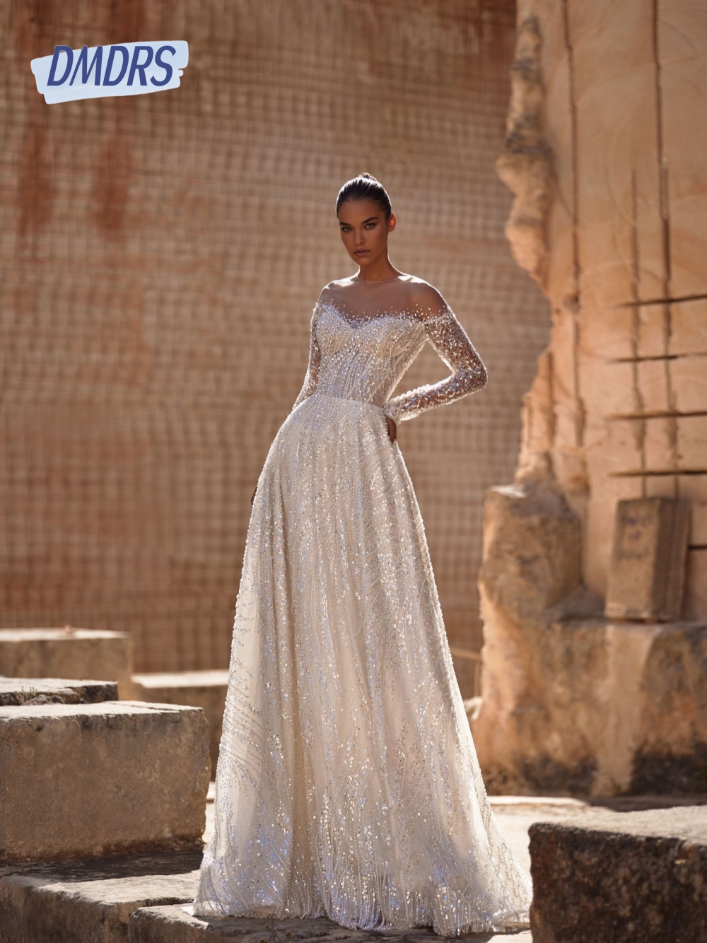 New Arrival Opulent A Line Wedding Dress Glitter Tulle Long Sleeves Romantic O Neck Customized Exquisite Bridal Gown No Veil