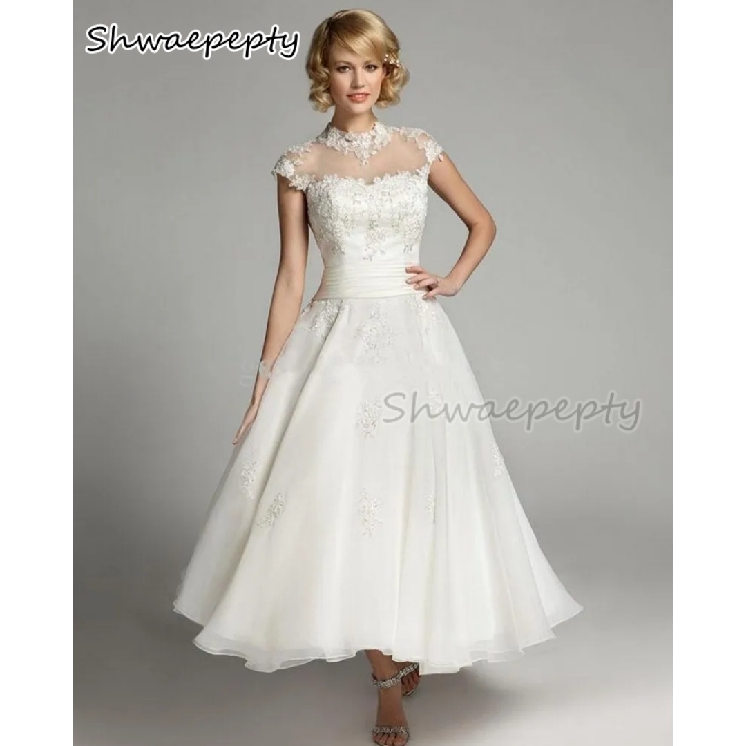 Ankle-Length Ivory Organza A-Line Wedding Dress Lace Appliques Capped Sleeves Vintage Bridal Gown Customized