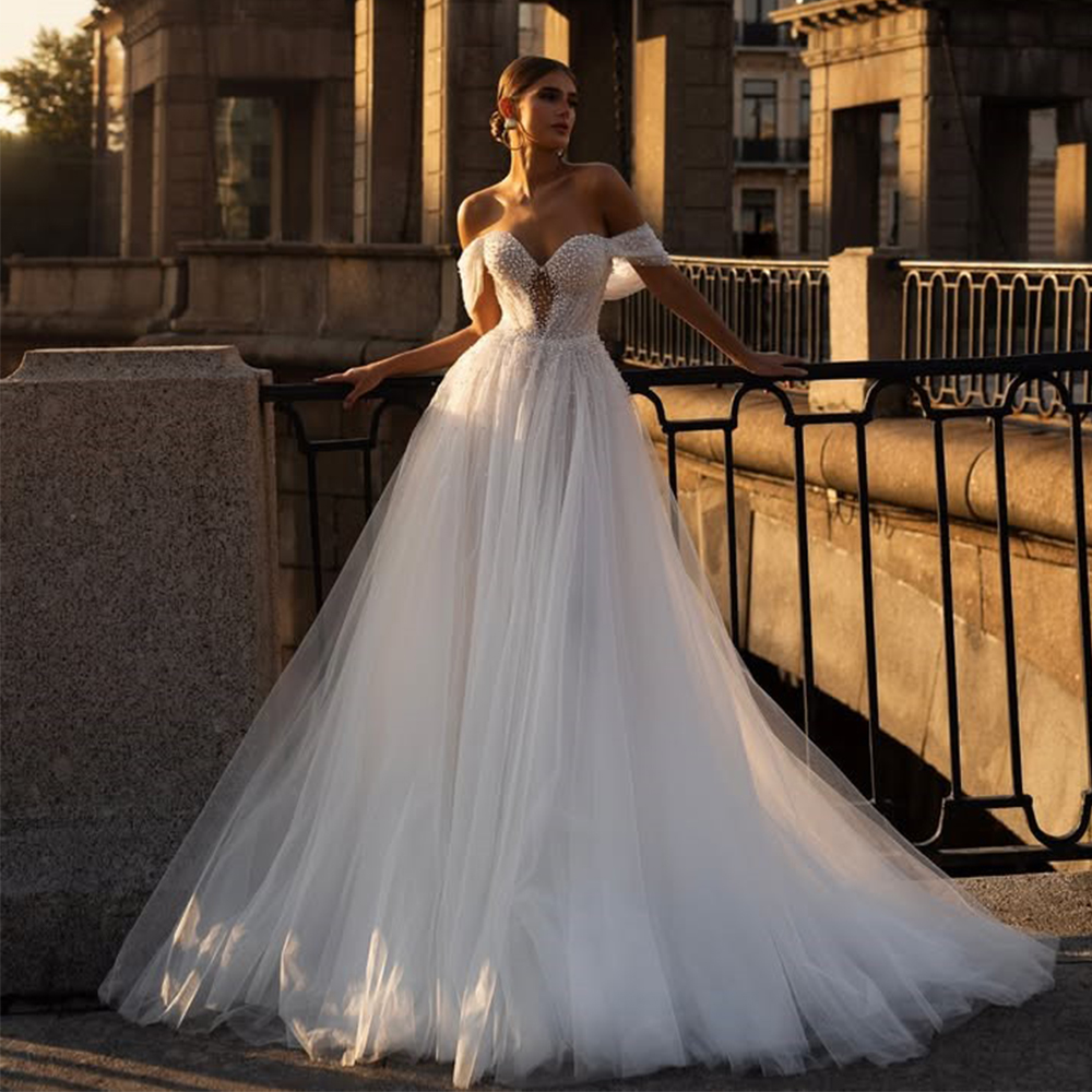 Classic Tulle A-Line Wedding Dress Sweetheart Off the Shoulder with Pearl Bride Floor Length Sexy Open Back Customized Gowns