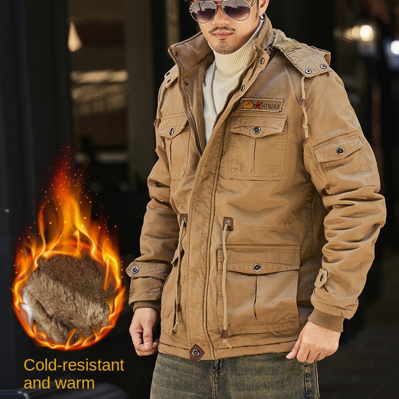 American Vintage Overalls Jacket Men's Thickened Fleece-lined Autumn and Winter Warm Fashion Outdoor Hunting Coat