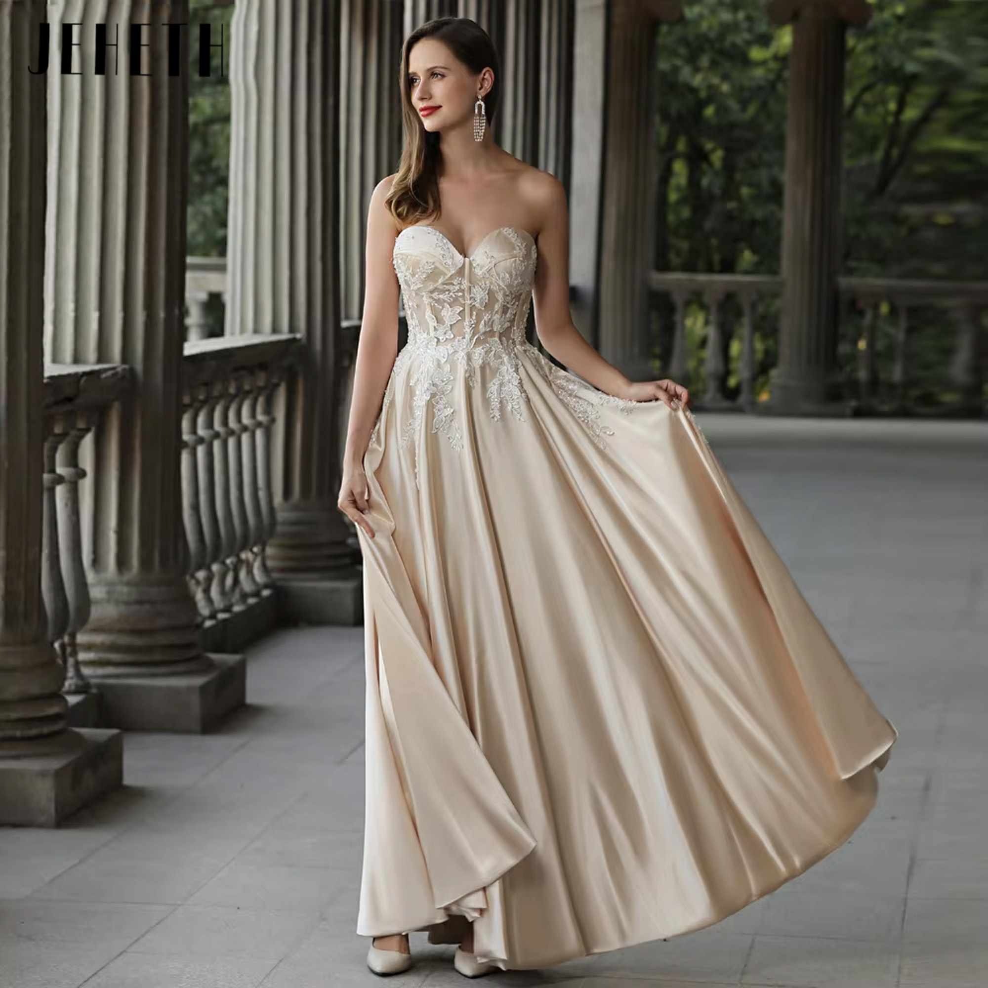 JEHETH Champagne Backless Sleeveless A-line Sweetheart Collar Luxurious Sexy Princess Lace print Wedding Dress 2025 Customized