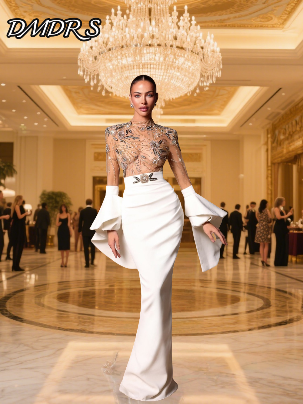 Formal Long Sleeve Wedding Dress Dress Luxurious Crystal Beaded Bridal Gown Dress Charming A-Line Floor Length Bridal Gown