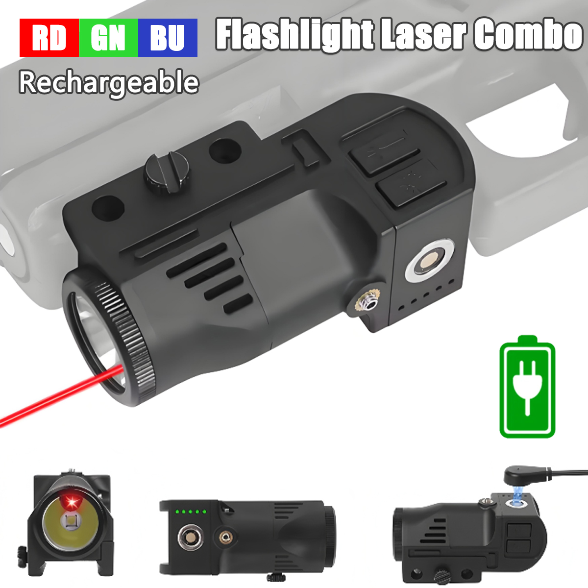 Rechargeable LED Flashlight RD/GN/BU Laser Combo 500 Lumens Pistol Torch Magnetic Charging Glock Light Gun Strobe Lamp Fit 20mm