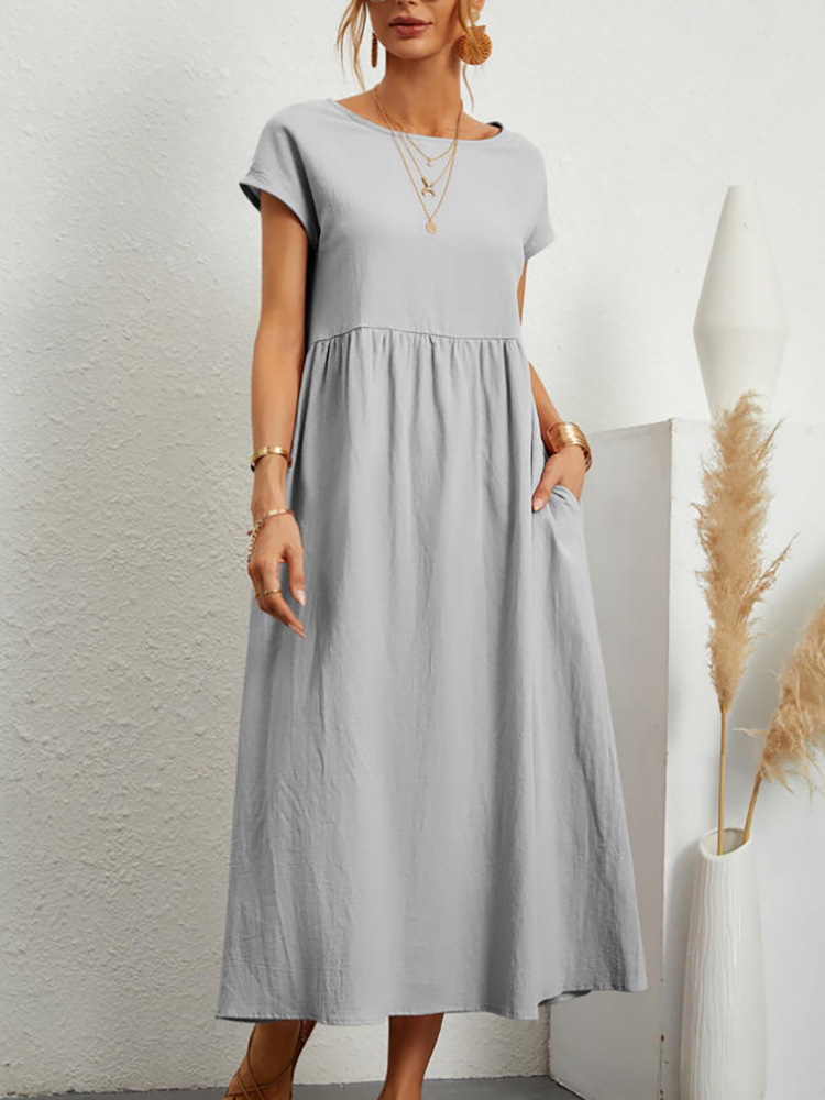 Vintage Solid Midi Dress Casual Short Sleeve Cotton and Linen Harajuku Oversized Long Dress Women Summer Y2K Maxi Sundress 2022
