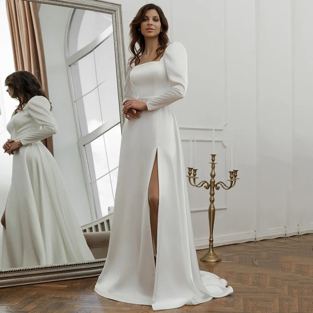 Elegant Wedding Dresses Puff Sleeves Satin Bridal Gown Belt Sexy Side Split Wedding Gowns A Line Bride Dresses Customized