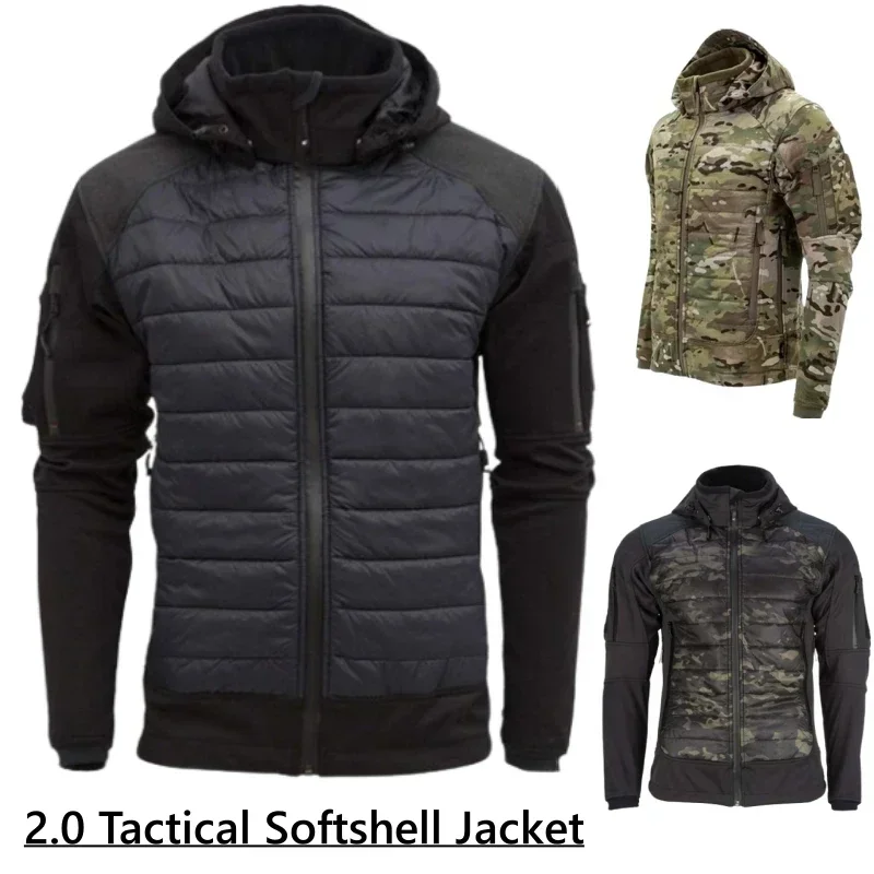 2.0 Upgraded Tactical Soft Shell Jacket Men Outdoor Windproof Waterproof Padded Coat Hiking Hunting Jackets Hooded Windbreaker