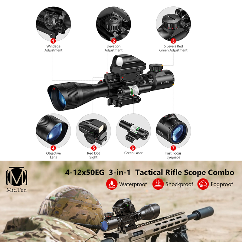 MidTen 4-12x50EG Scope actical Rifle Riflescope Red Dot Sights Optics Green Laser Light Combo for 20mm Picatinny Rail for Huntin