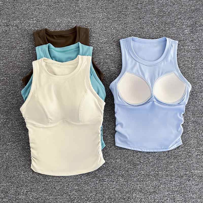 Sleeveless Side Wrinkles Crop Tank Tops Removable Chest Pad Shockproof Breathable Lightweight Quick Sports Bra Yoga Top