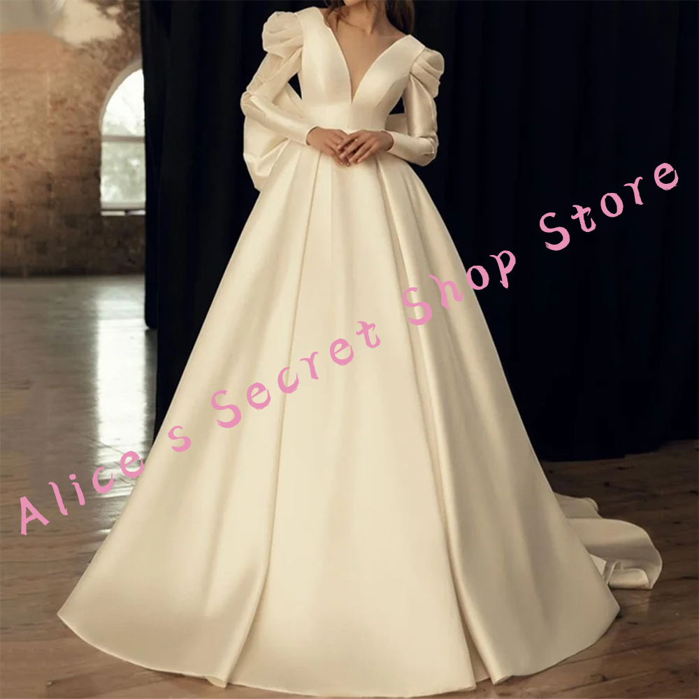 Elegant Satin V-Neck Puff Sleeve Bow A-Line Bride Wedding Dresses Bridal Gowns Customized