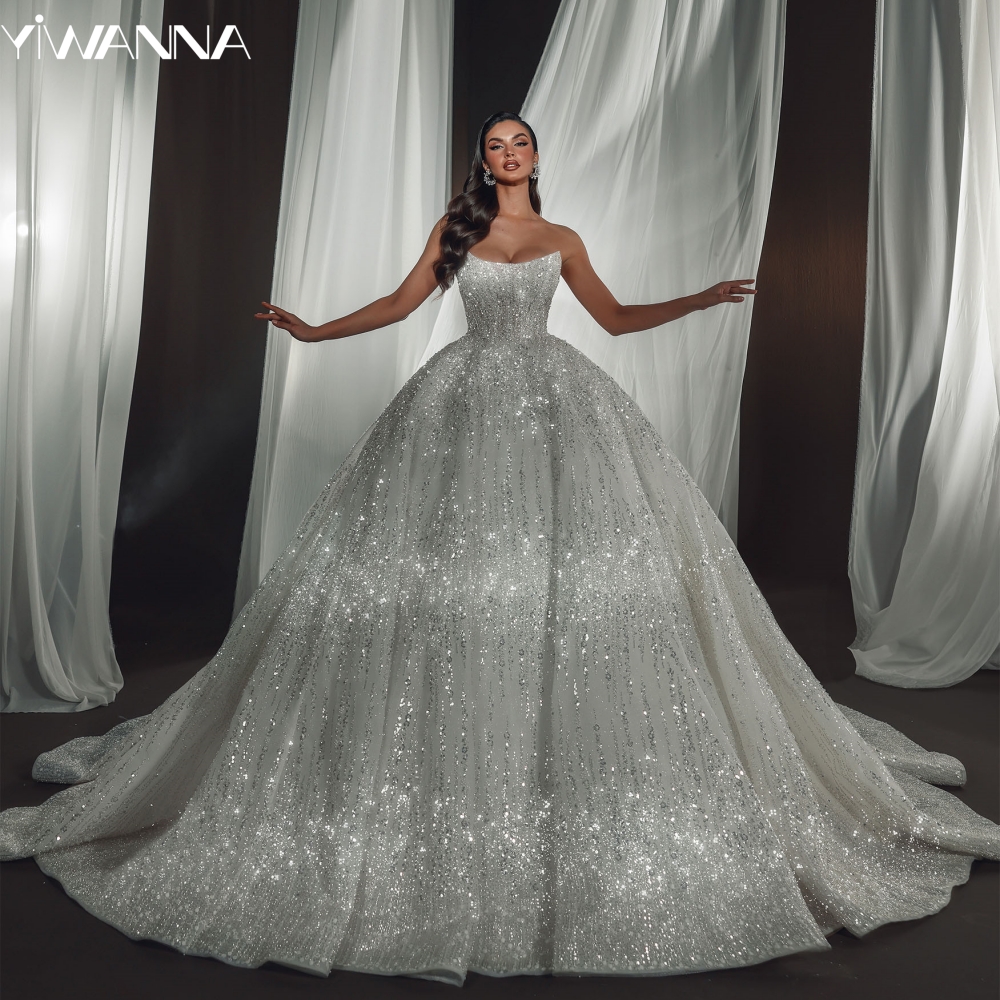 Sexy Strapless Sleeveless Bridal Dress Shiny Sequins Pearls Wedding Gown Luxury Ball Gown Bride Robe Customized Vestido De Novia