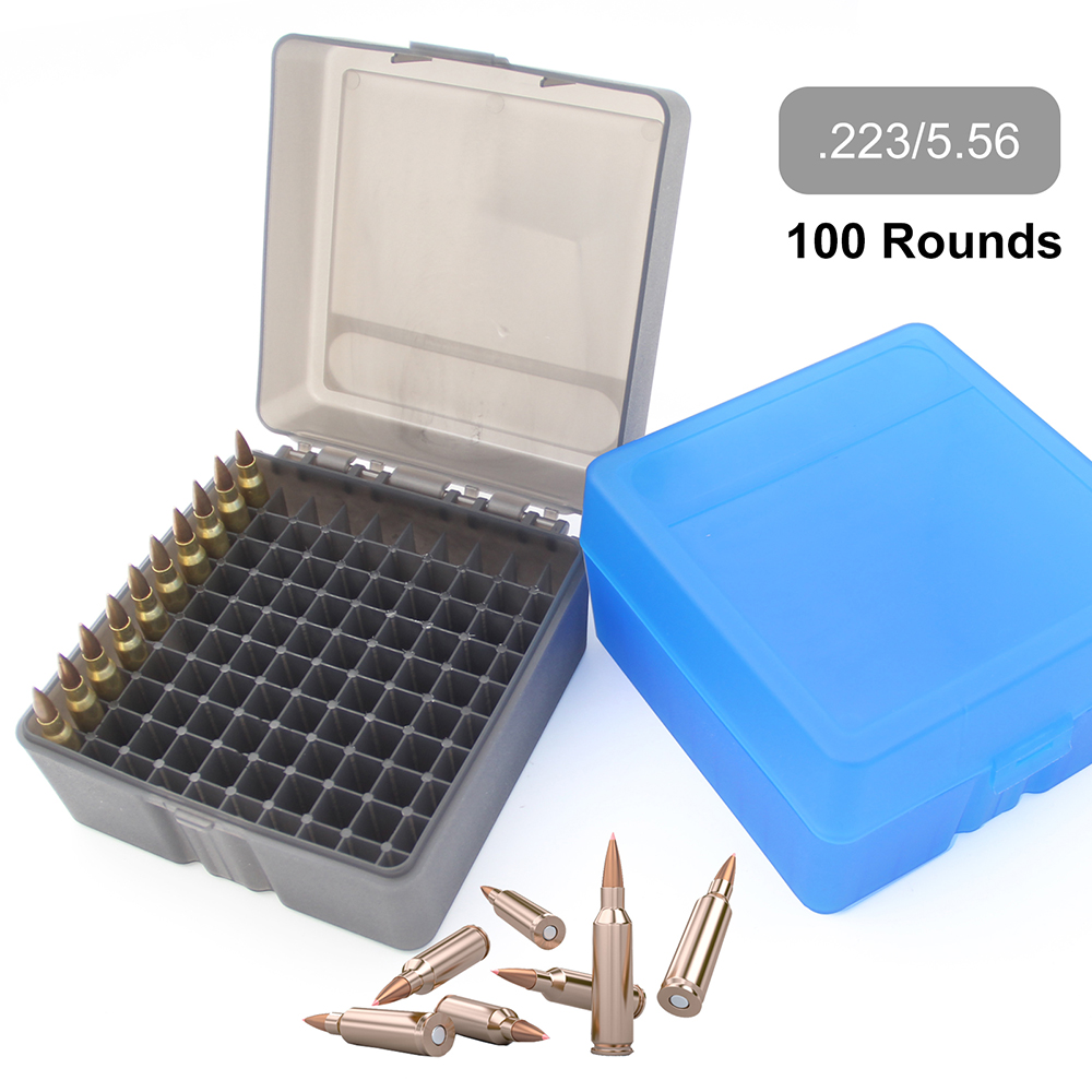 100 Rounds Tactical Ammo Box Bullet Shell Holder Box Rifle Cartridge Storage Case Ammo for 5.56 .223 Ammo Hunting Accessories