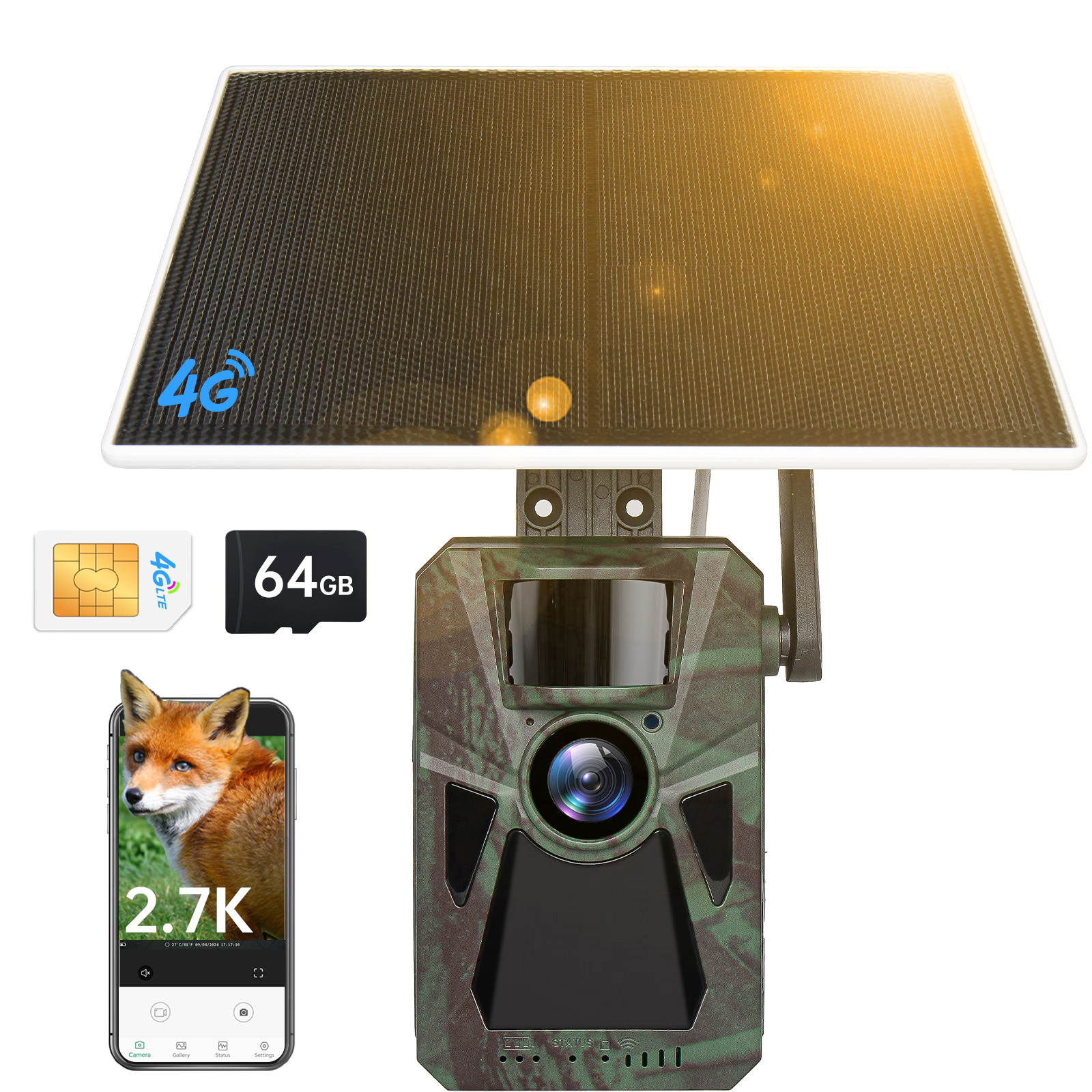 4G LTE Trail Camera, 2.7K Live View, Ultra HD Night Vision, Built-in SIM, 0.2s Motion Trigger, Solar Powered, for Remote Areas.