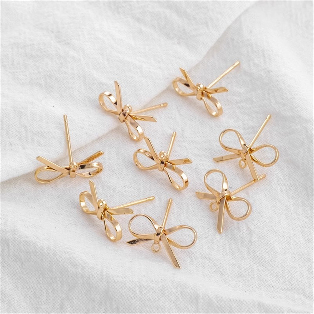 Simple Bow Earrings for Men and Women, S925 Silver Needle, 14K Gold-wrapped Accessories, Handmade, DIY